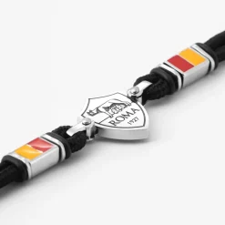 AS Roma Jewellery*Bracelet with central plaque logo in hypoallergenic steel and adjustable fabric cord black
