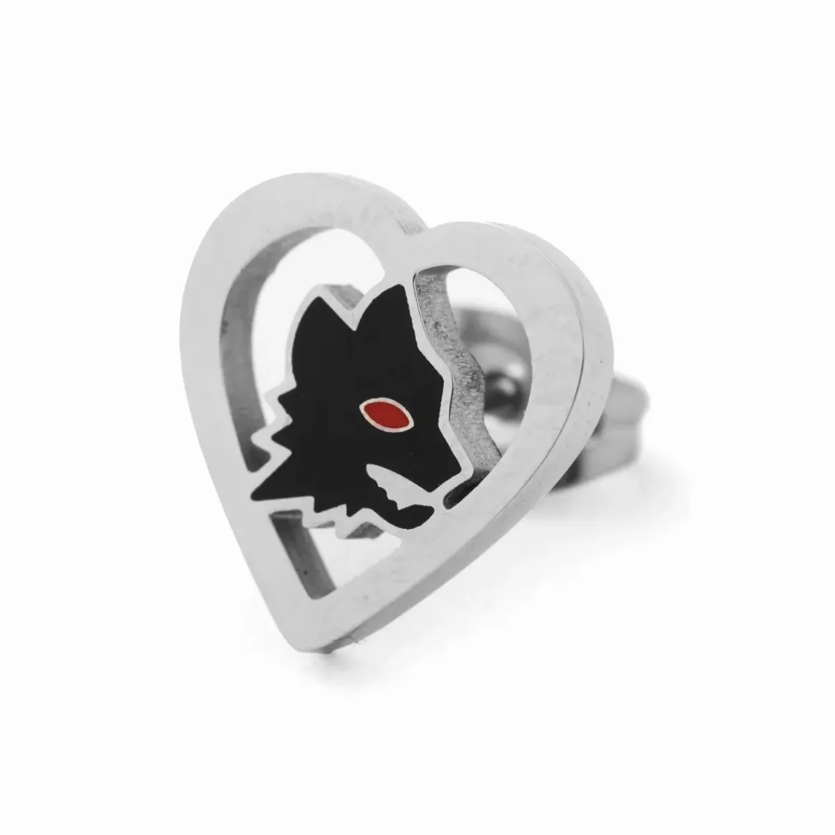AS Roma Jewellery*Hypoallergenic steel earrings with heart and black enameled Lupetto with red eye